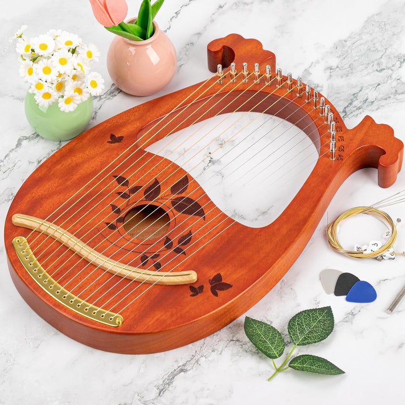 INKNOTE Lyre Harp Mahogany with Tuning Wrench and 16 Pcs Metal Spare String Set Manual Picks Black Gig Bag for Instrument Kids Adult Professional Beginner Music Lovers Gift - Image 2